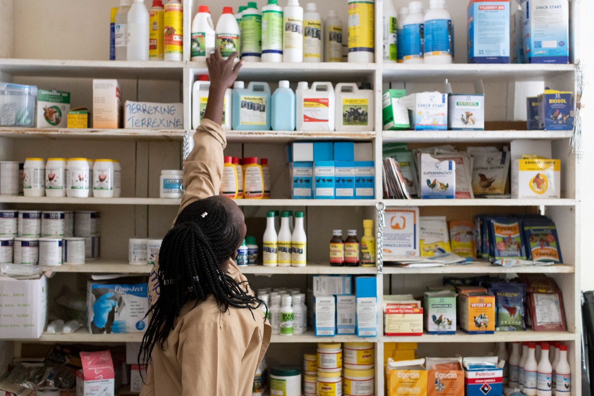 An agrovet reaches for drugs at a store in Kenya