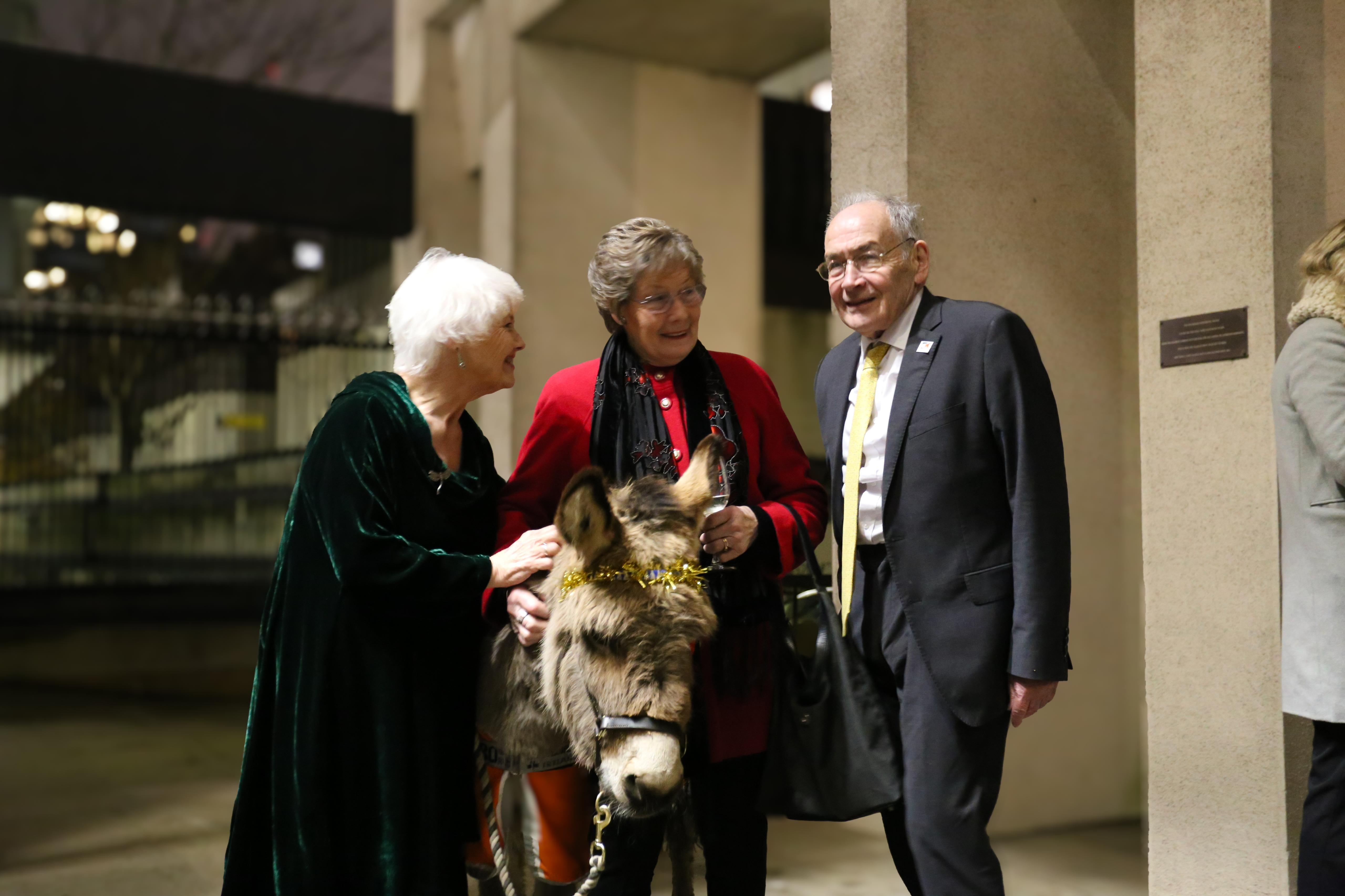 Annette Badland, Jane Holderness-Roddam and Alastair Stewart with donkey at charity carol service