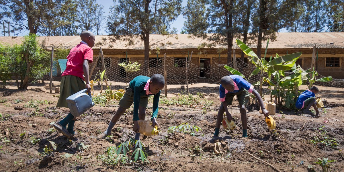 Children gardening at donkey care club in Kenya