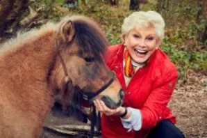 Angela Rippon, wearing a red jacket, crouches down next to a small brown donkey.