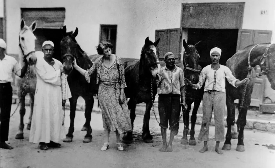 An old black and white photograph shows Dorothy Brooke (centre) in the yard of the SPCA with some of the war horses she rescued in the 1930s. Cairo, Egypt