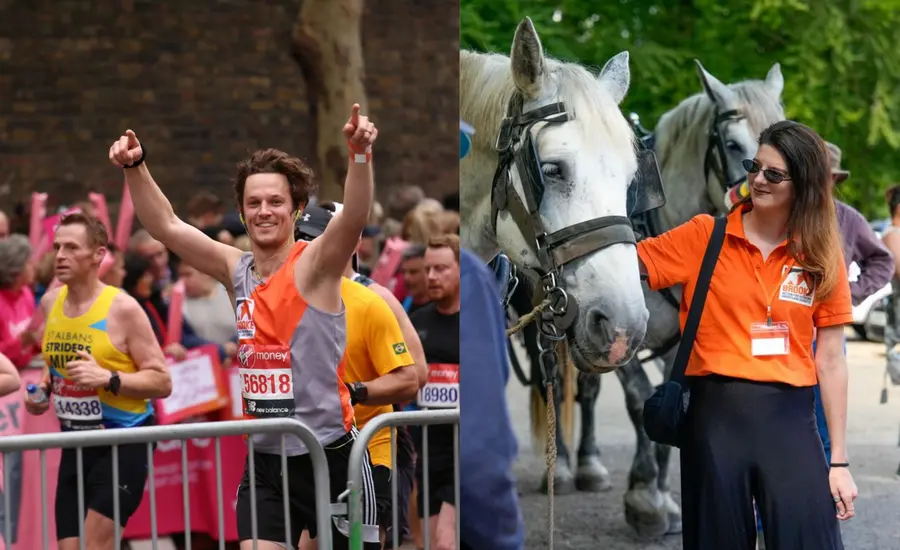 runner at London Marathon and Brooke staff member with horse at UK event