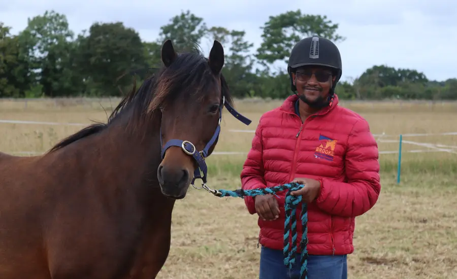 Brooke staff with horse at Redwings Horse Sanctuary in Norfolk 