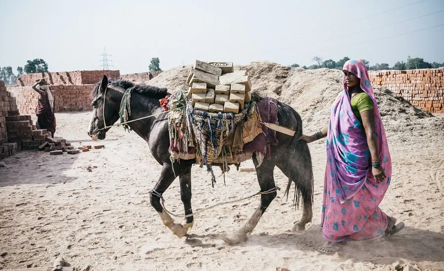 Woman and horse in Indian brick kiln 