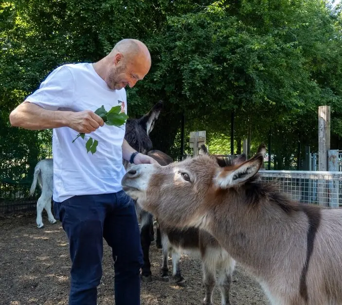 Chris Wainwright, Brooke's CEO, is wearing a white t-shirt and blue jeans as he offers some green leaves to a grey donkey outside.