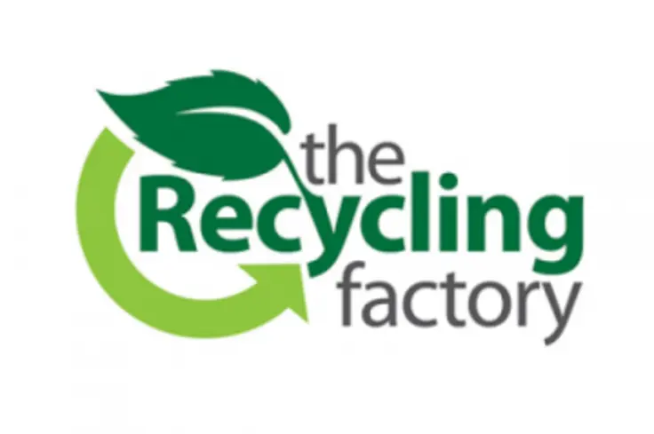 A green logo of a leaf and a round arrow symbol for recycling, along with the words 'the Recycling factory'